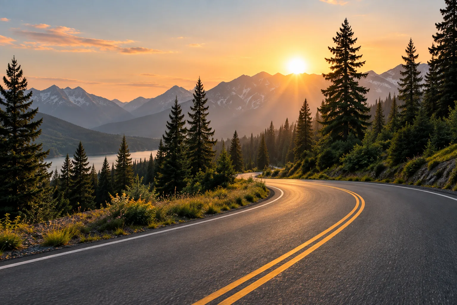 A mountain highway curving toward the sunrise